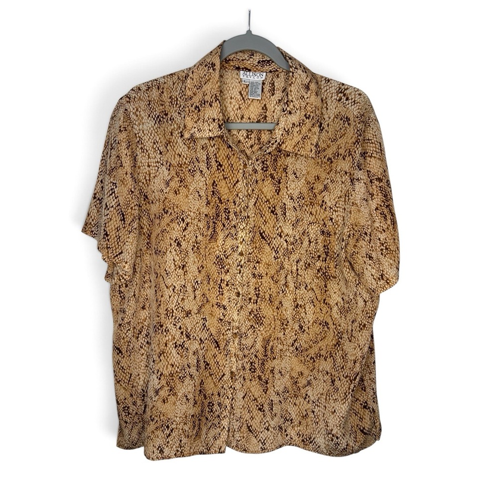 Vintage Allison Taylor Women's L 100% Silk Snakeskin Print Button Up Blouse